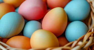 AI generated various colored eggs are stacked in baskets photo