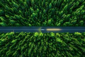 ai generado coche conducción a lo largo el la carretera en el bosque foto