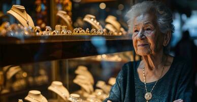 AI generated senior jewelry shop owner stands in front of ring display photo