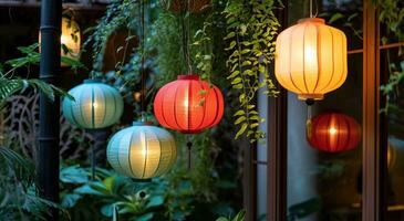 AI generated several colorful paper lanterns with plants hanging around them photo