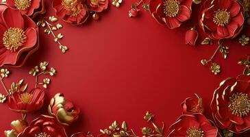 AI generated red and gold floral frame on the wall photo