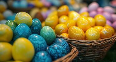 AI generated color coordinated easter eggs in baskets at market photo