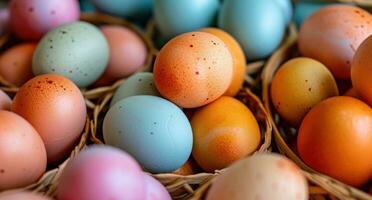 AI generated various colored eggs are stacked in baskets photo