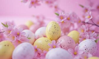 AI generated colorful coloured easter eggs are shown on a pink background photo