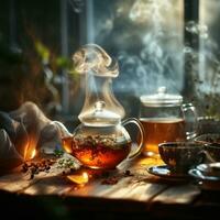 AI generated smoke tea and cold tea bowl together tea photo