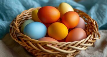AI generated various colored eggs are stacked in baskets photo
