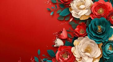 AI generated red and gold floral frame on the wall photo