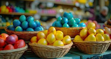 AI generated color coordinated easter eggs in baskets at market photo