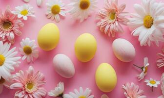 AI generated colorful coloured easter eggs are shown on a pink background photo