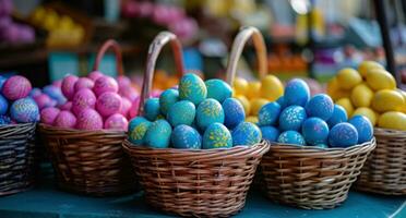 AI generated color coordinated easter eggs in baskets at market photo