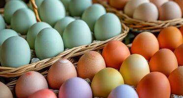 AI generated various colored eggs are stacked in baskets photo