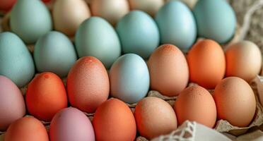 ai generado varios de colores huevos son apilado en cestas foto