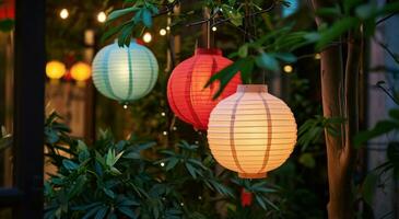 AI generated several colorful paper lanterns with plants hanging around them photo