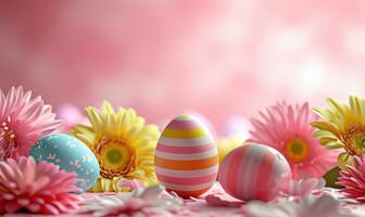 AI generated colorful coloured easter eggs are shown on a pink background photo