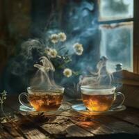 AI generated smoke tea and cold tea bowl together tea photo