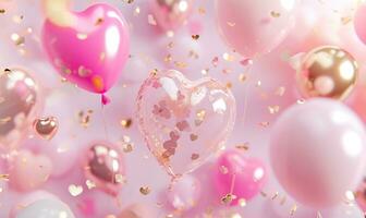 AI generated pink hearts and balloons on a pink background photo