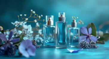 ai generado diferente perfume botellas son situado en un azul antecedentes foto