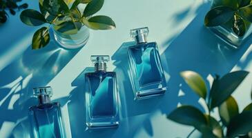 AI generated the perfume bottles are arranged on a blue background photo