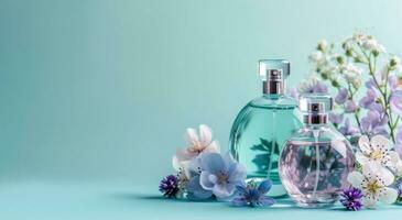 AI generated three perfume bottles with flowers on blue background photo