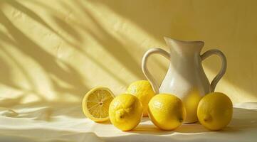 AI generated lemons and pitcher against a yellow background photo