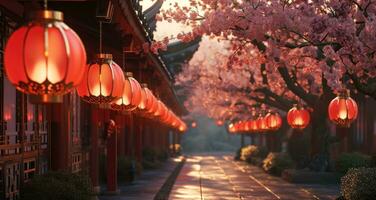 AI generated lanterns lined up on the pathway photo