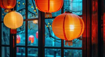 AI generated large paper lanterns from hanged on lampshades in a window photo