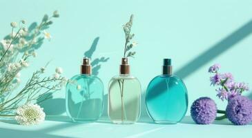 AI generated three perfume bottles with flowers on blue background photo