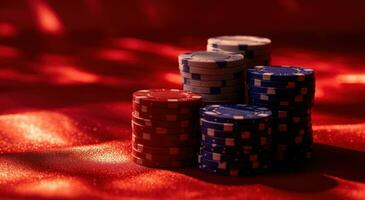 AI generated stacked up poker chips on surface of red background photo