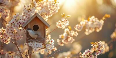 AI generated spring birdhouse with spring cherry blossom background photo