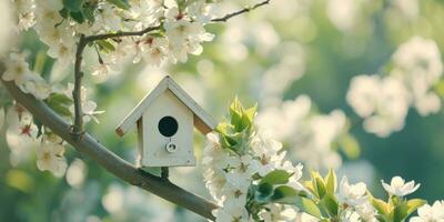 AI generated spring birdhouse with spring cherry blossom background photo