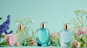 AI generated three perfume bottles with flowers on blue background photo