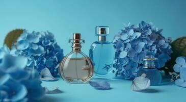 AI generated various perfumes on a blue background next to blue flowers photo