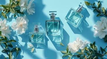 AI generated the perfume bottles are arranged on a blue background photo