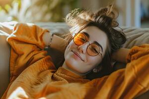 AI generated smiling young woman relaxing on the couch photo