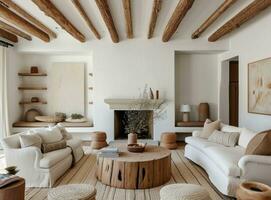 AI generated white living room with a wooden fireplace with wooden beams photo