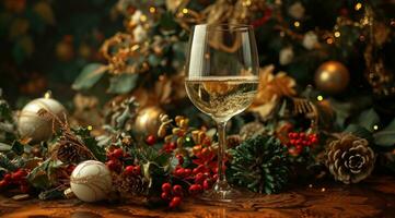 AI generated white wine glass on an ornamental table with Christmas themed flowers photo