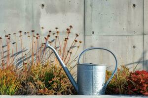 AI generated watering can in front of field in a garden garden photo