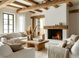 AI generated white living room with a wooden fireplace with wooden beams photo