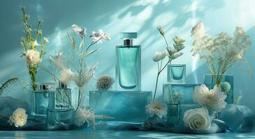 AI generated the perfume bottles are arranged on a blue background photo