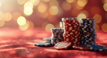 AI generated stacked up poker chips on surface of red background photo