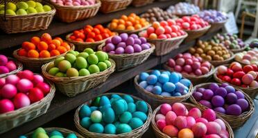 AI generated many colorful eggs in baskets are on display photo