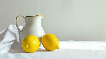 AI generated two lemons and a pitcher on a white table photo