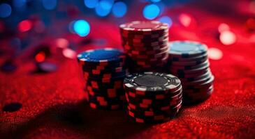 AI generated stacked up poker chips on surface of red background photo