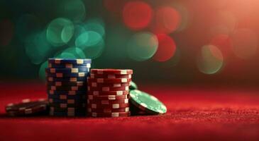 AI generated stacked up poker chips on surface of red background photo