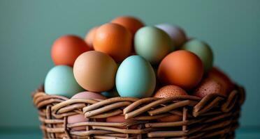 AI generated various colored eggs are stacked in baskets photo