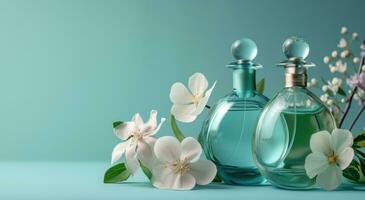 ai generado Tres perfume botellas con flores en azul antecedentes foto