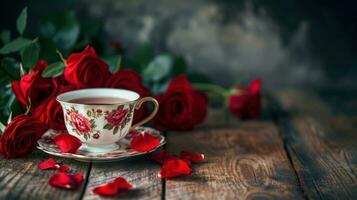 AI generated table with a tea cup sitting on top of it with red roses photo