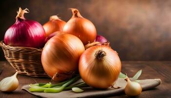 AI generated onions in a basket on a wooden table photo