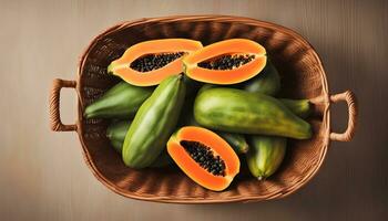 AI generated papaya in a basket on a wooden table photo