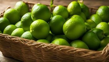 AI generated a basket filled with limes on a wooden table photo